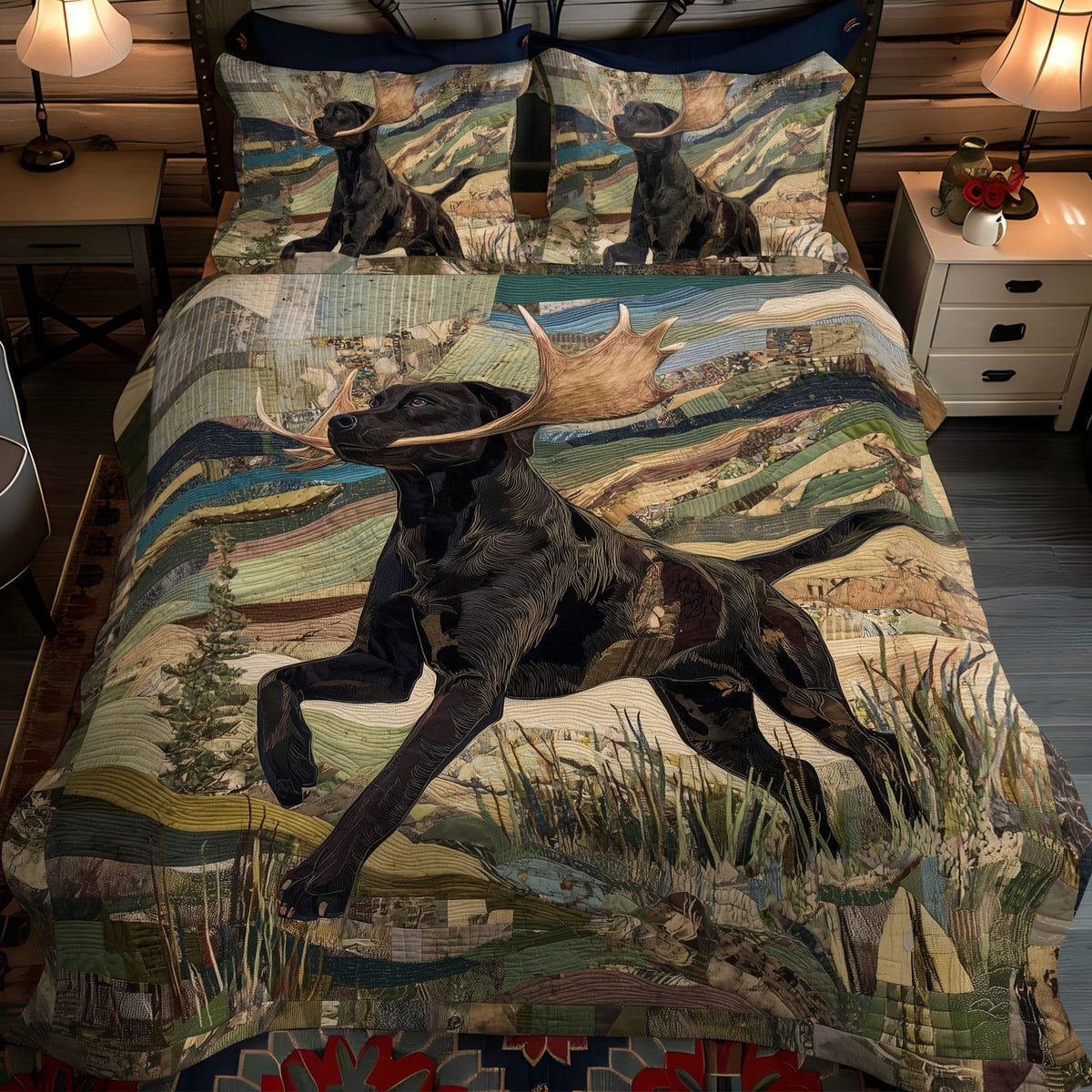 Shadow Tracker quilted 3-piece bedding set on a made bed with two matching pillow shams