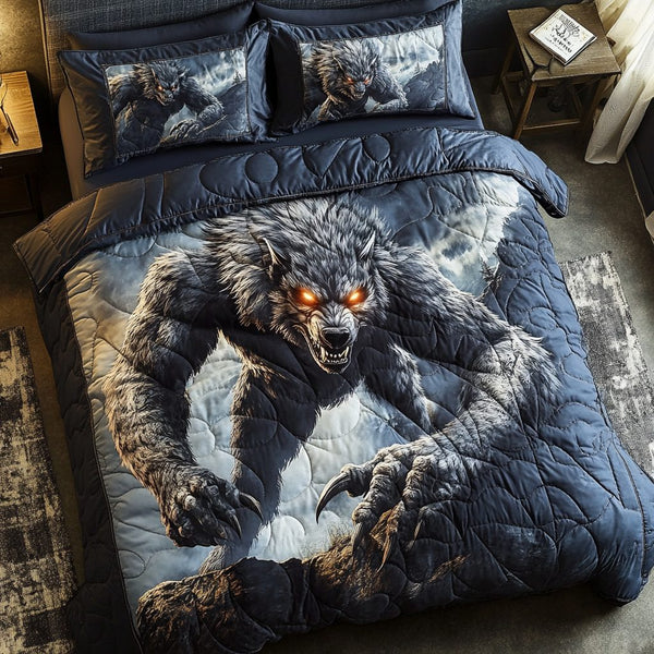 Shadow Werewolf quilted 3-piece bedding set on a made bed with two matching pillow shams
