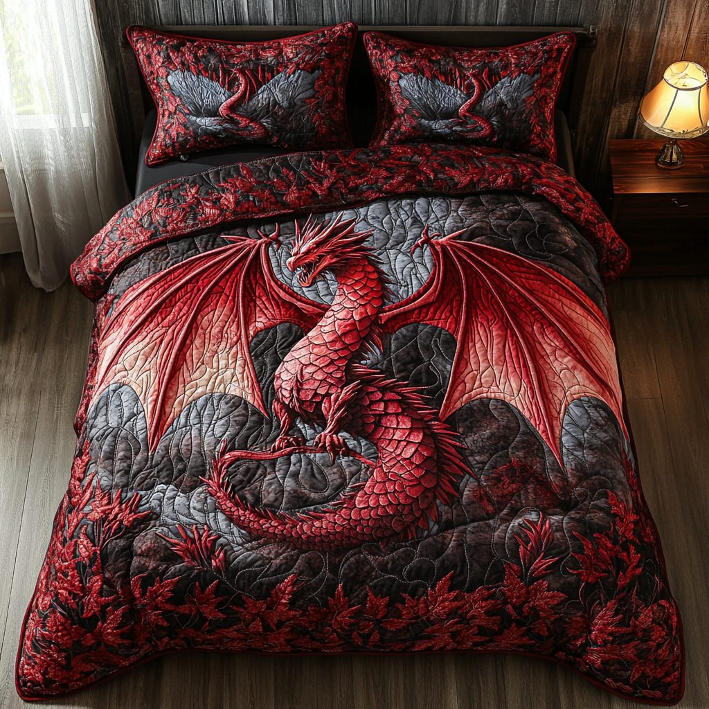 Shadow Wing quilted 3-piece bedding set on a made bed with two matching pillow shams