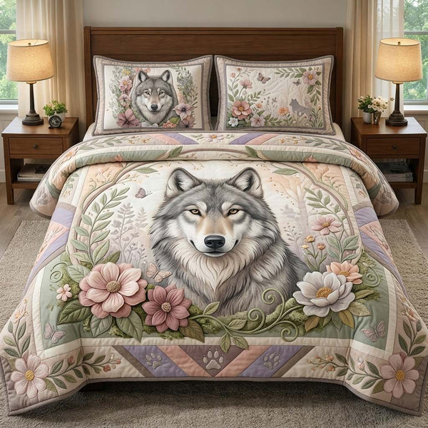 Shadow Wolf quilted 3-piece bedding set on a made bed with two matching pillow shams