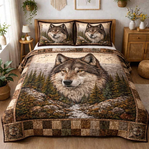 Shadow Wolf quilted 3-piece bedding set on a made bed with two matching pillow shams