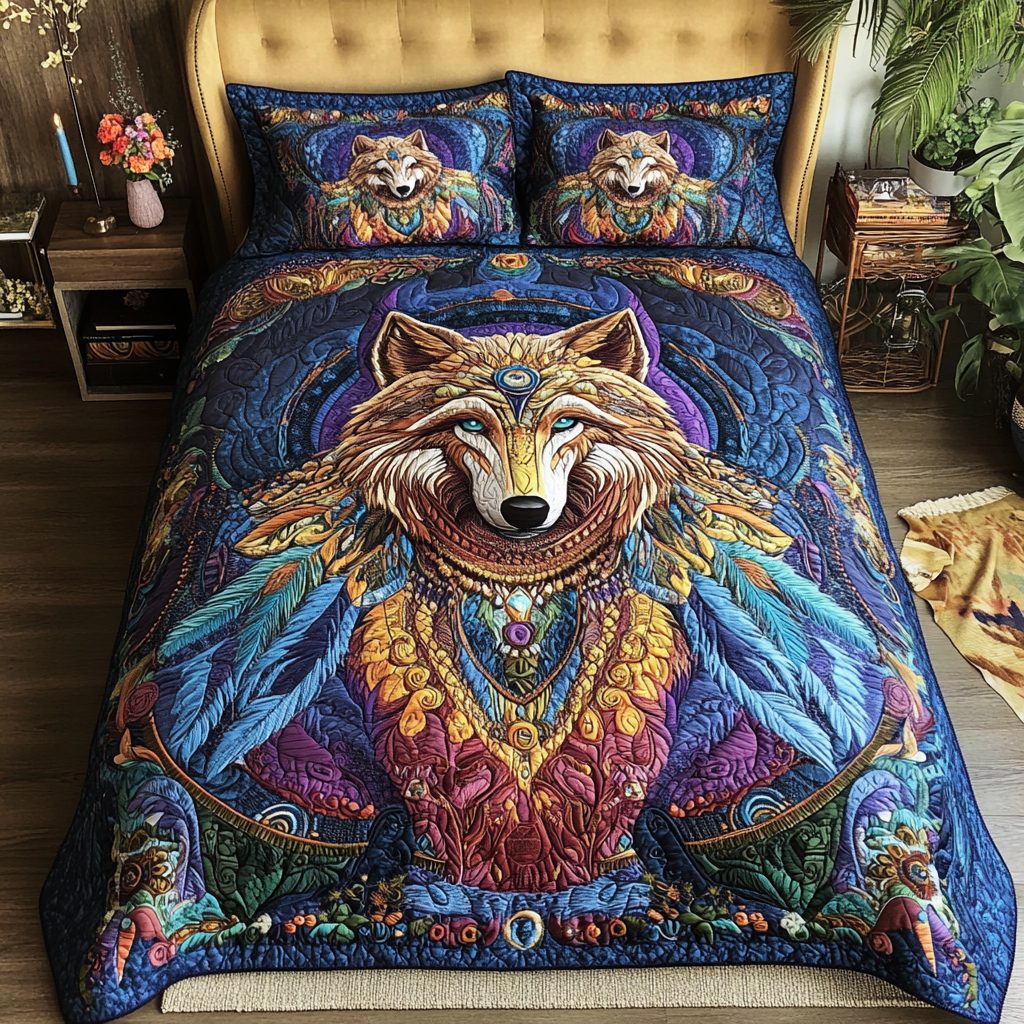 Shadow Wolf quilted 3-piece bedding set on a made bed with two matching pillow shams