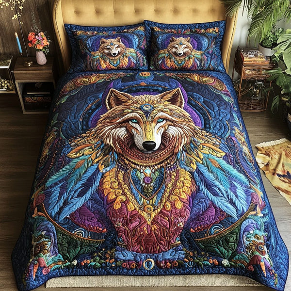 Shadow Wolf quilted 3-piece bedding set on a made bed with two matching pillow shams