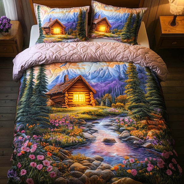 Shadowed Pines quilted 3-piece bedding set on a made bed with two matching pillow shams