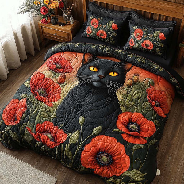 Shadowed Poppy quilted 3-piece bedding set on a made bed with two matching pillow shams