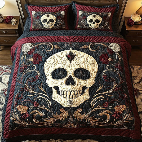 Shadowed Roses Skull quilted 3-piece bedding set on a made bed against a dark styled interior