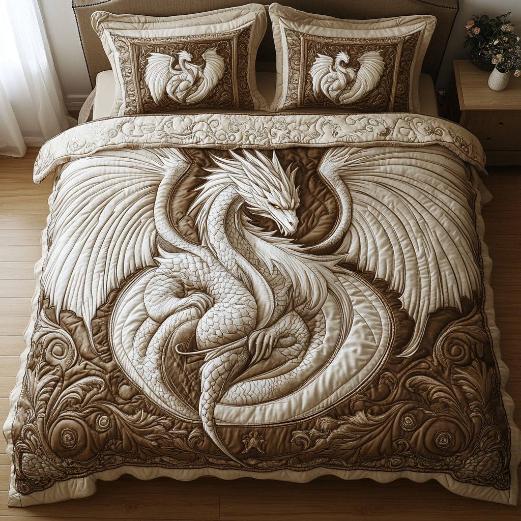 Shadowed Scales quilted 3-piece bedding set on a made bed with two matching pillow shams