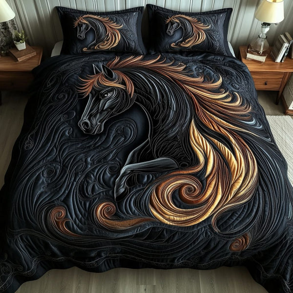 Shadowfire Stallion quilted 3-piece bedding set on a made bed in a rustic timber bedroom