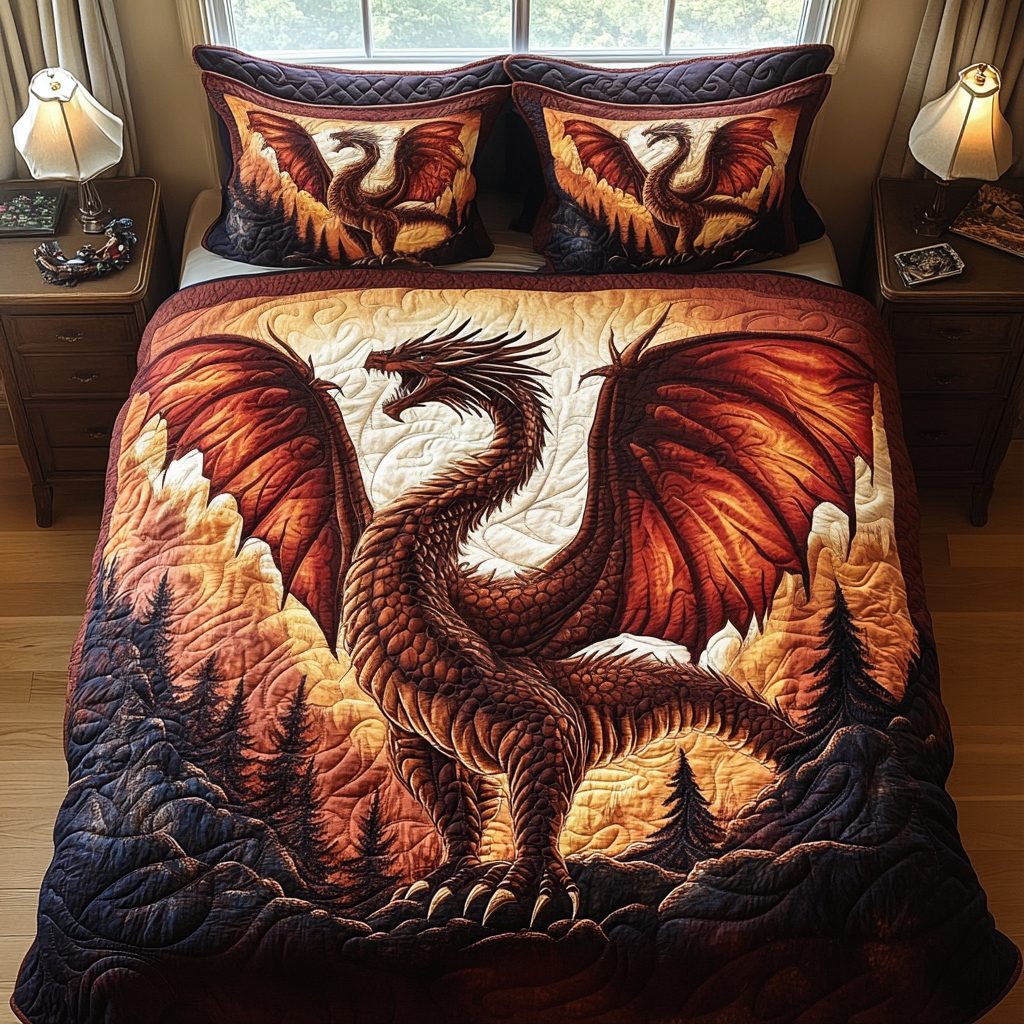 Shadowflame quilted 3-piece bedding set on a made bed with two matching pillow shams
