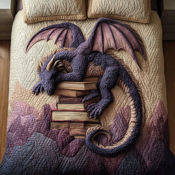 Shadowpeak Dragon quilted 3-piece bedding set on a made bed with two matching pillow shams
