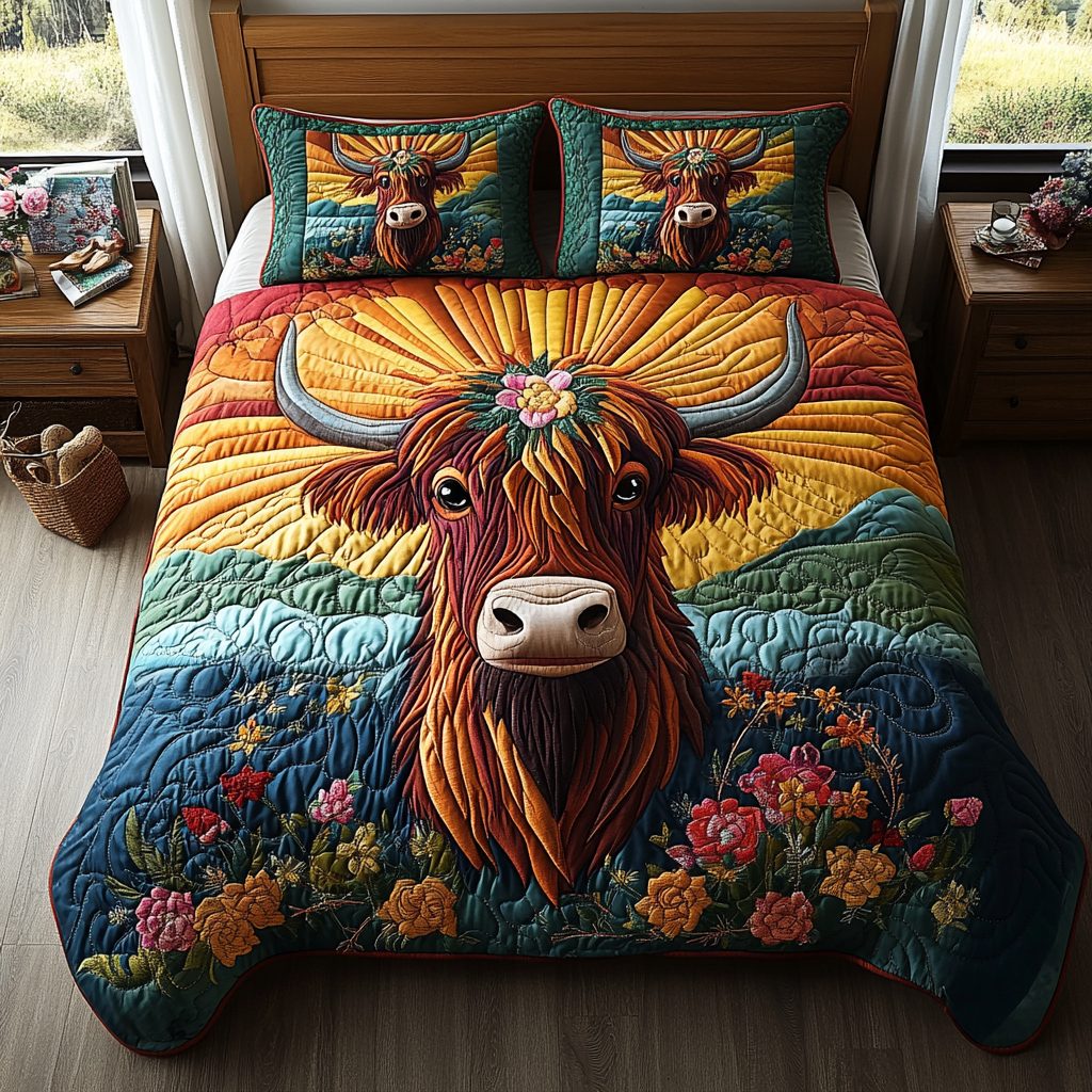 Shaggy Majesty quilted 3-piece bedding set on a made bed with two matching pillow shams