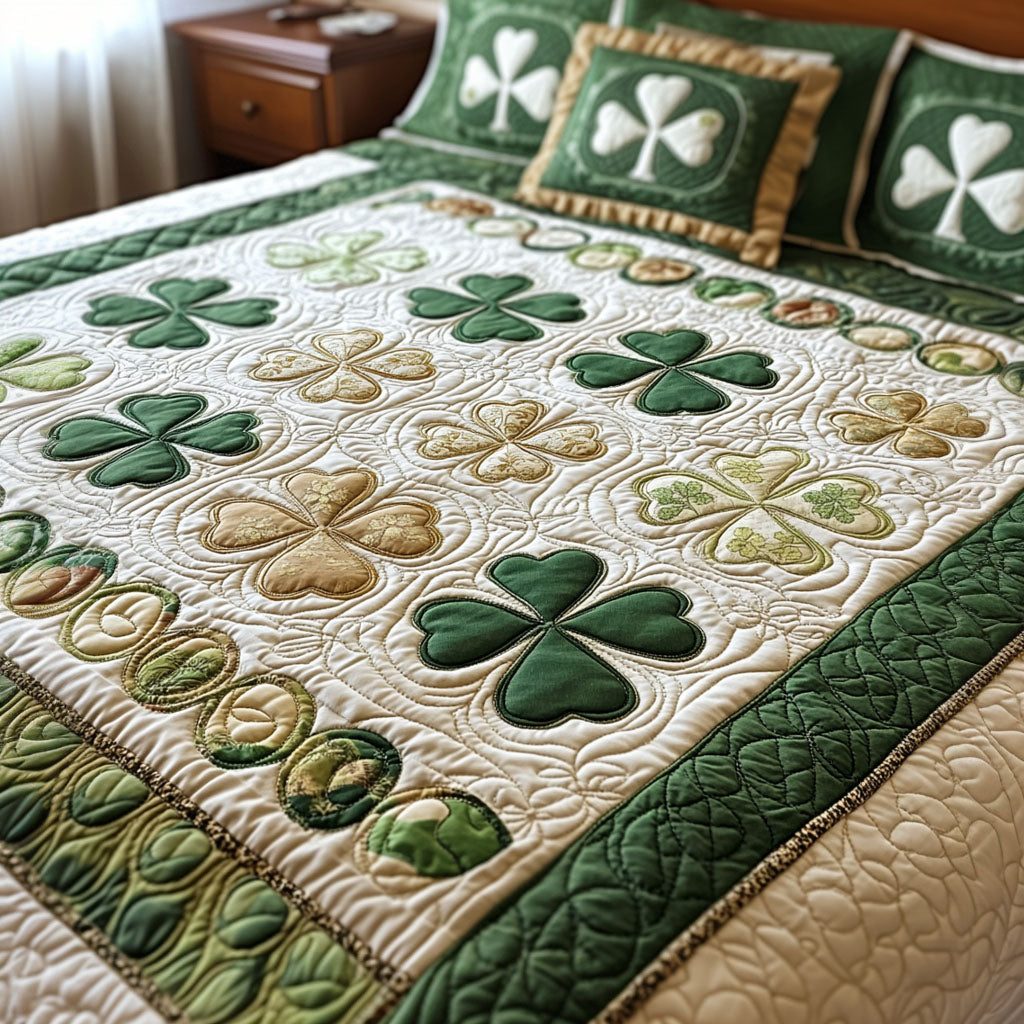 Shamrock Blessings quilted 3-piece bedding set on a made bed with two matching pillow shams
