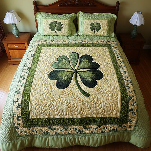 Shamrock Charm quilted 3-piece bedding set on a made bed with two matching pillow shams