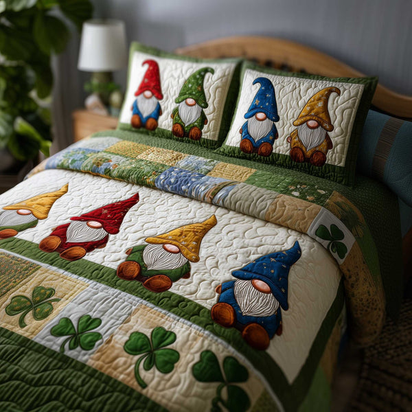 Shamrock Gnome quilted 3-piece bedding set on a made bed in a winter-styled bedroom