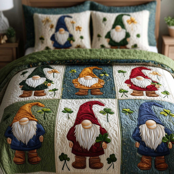 Shamrock Gnome quilted 3-piece bedding set on a made bed in a winter-styled bedroom