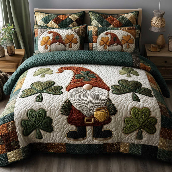 Shamrock Gnome quilted 3-piece bedding set on a made bed in a winter-styled bedroom