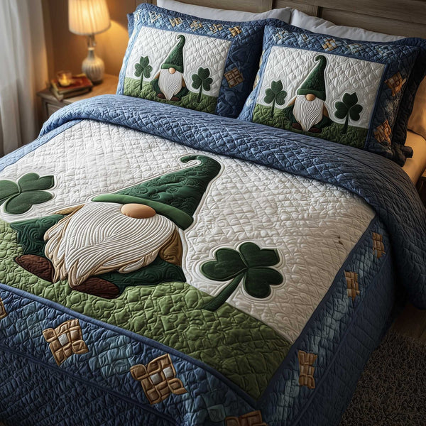 Shamrock Gnome quilted 3-piece bedding set on a made bed in a winter-styled bedroom