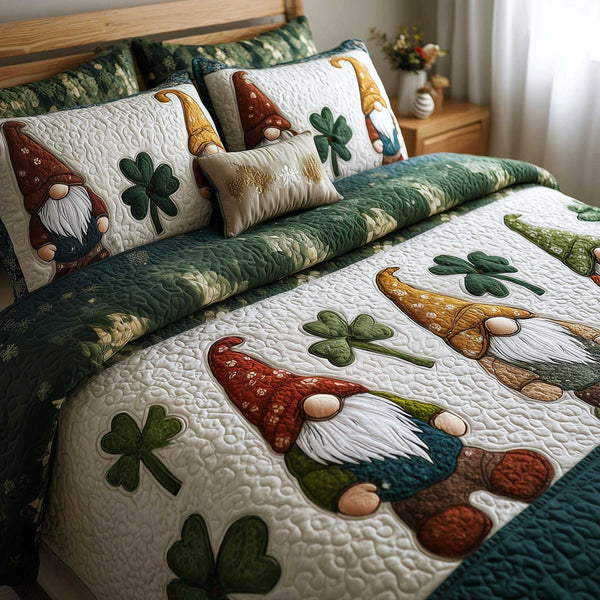 Shamrock Gnome quilted 3-piece bedding set on a made bed in a winter-styled bedroom