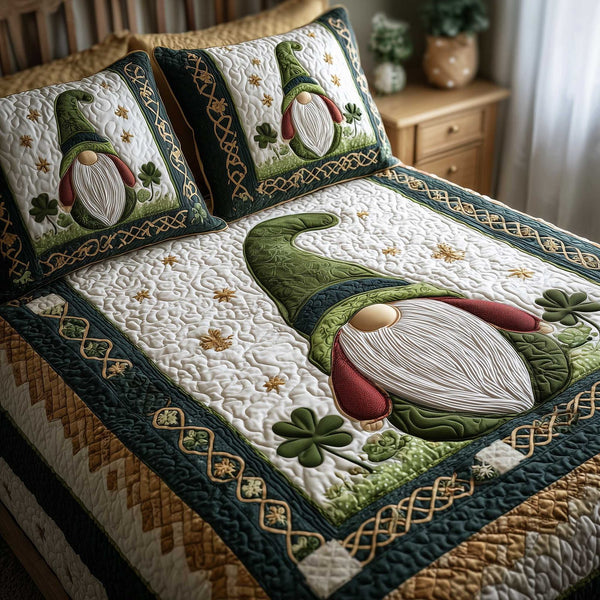 Shamrock Gnome quilted 3-piece bedding set on a made bed in a winter-styled bedroom
