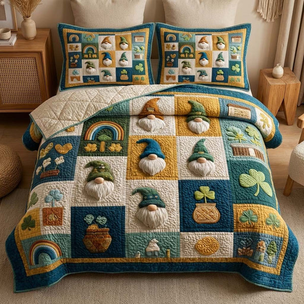 Shamrock Gnomes quilted 3-piece bedding set on a made bed with two matching pillow shams