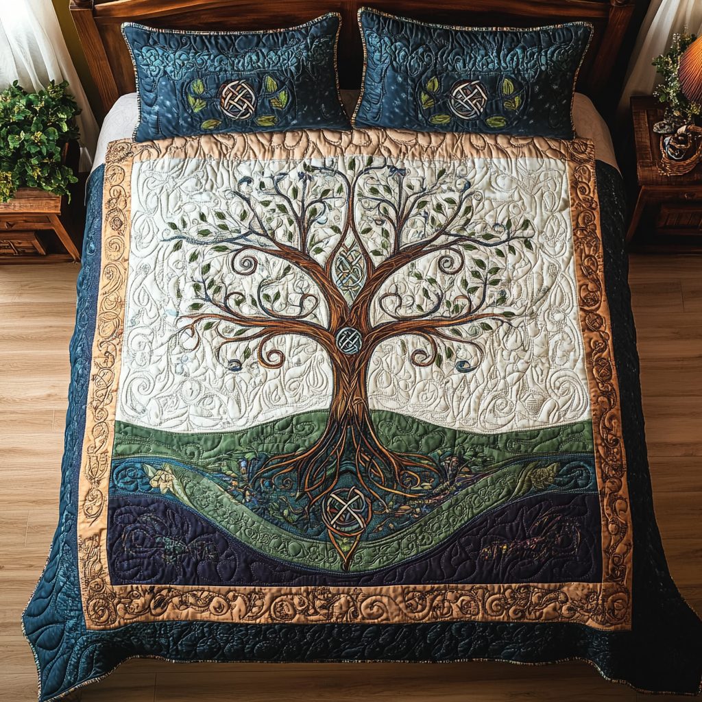 Shamrock Serenity quilted 3-piece bedding set on a made bed with two matching pillow shams