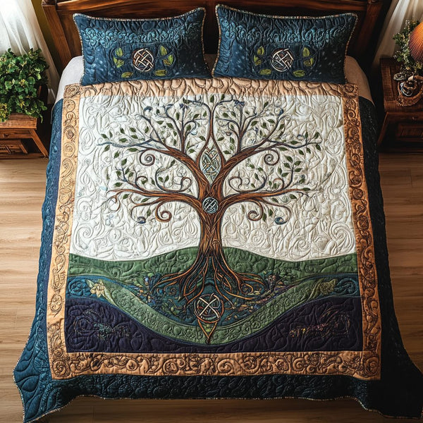 Shamrock Serenity quilted 3-piece bedding set on a made bed with two matching pillow shams