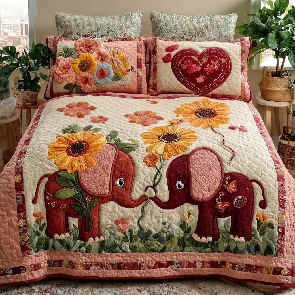 Shared Moments quilted 3-piece bedding set on a made bed with two matching pillow shams