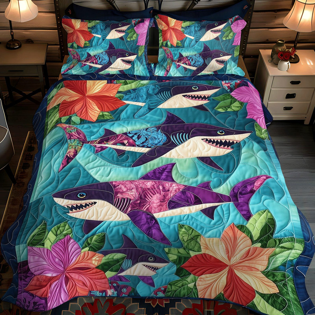Shark Holiday quilted 3-piece bedding set on a made bed in a winter-styled bedroom