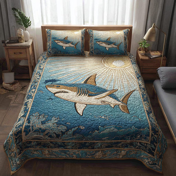 Shark Power quilted 3-piece bedding set on a made bed with two matching pillow shams