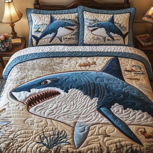 Shark quilted 3-piece bedding set on a made bed with two matching pillow shams