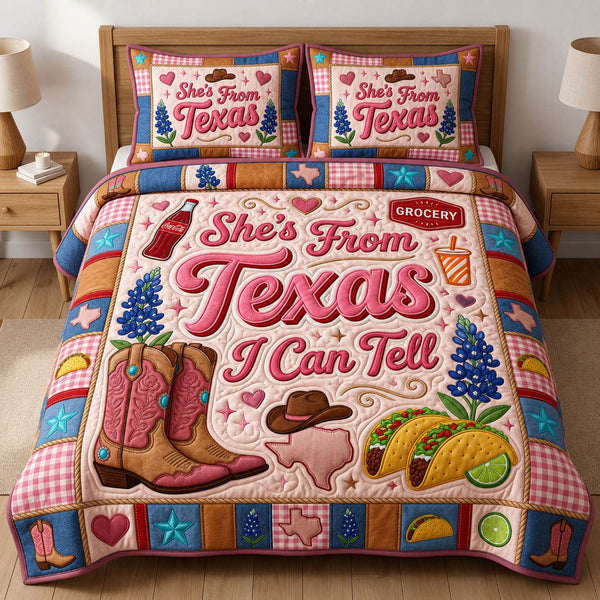 She Is From Texas quilted 3-piece bedding set on a made bed in a rustic timber bedroom