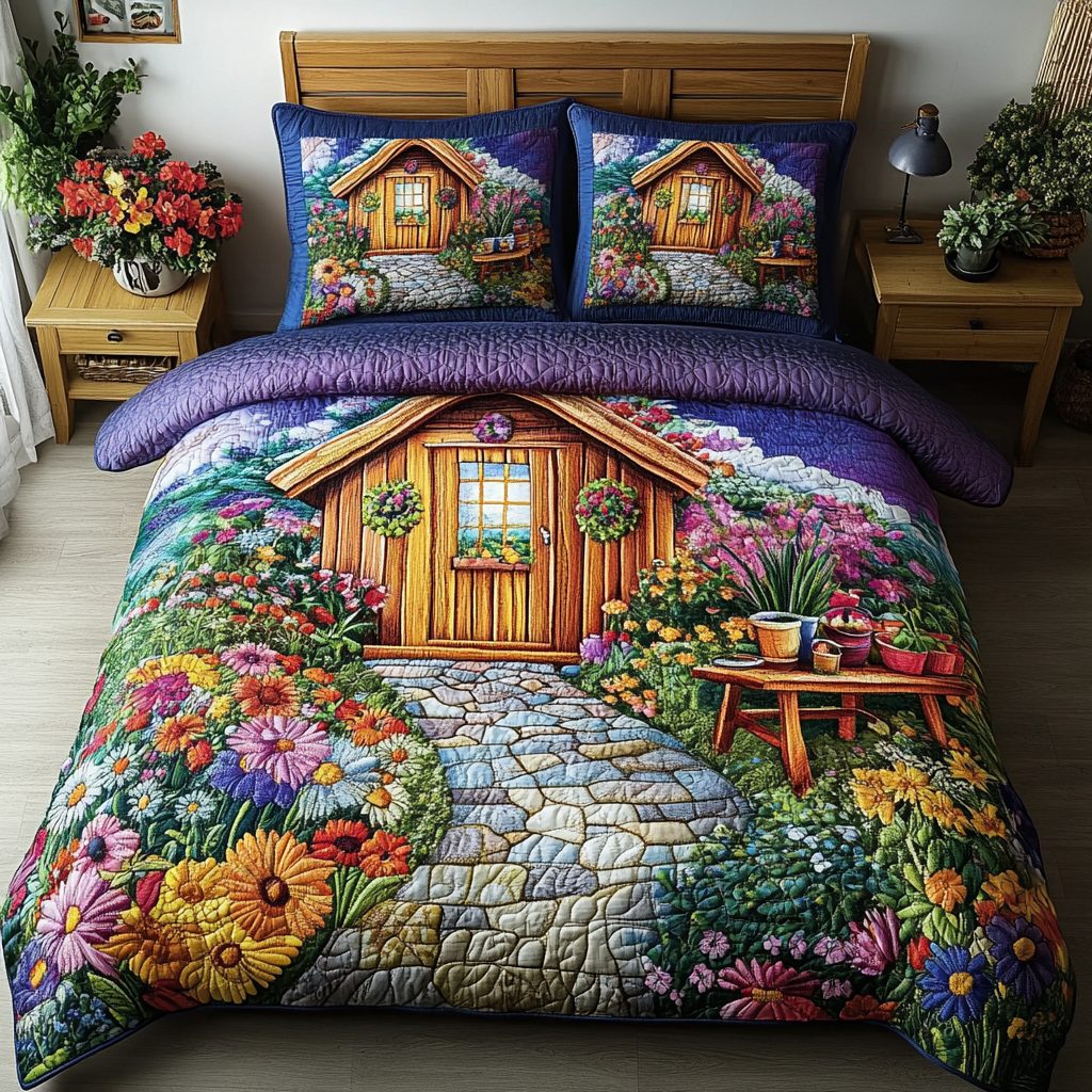 Shed Bliss quilted 3-piece bedding set on a made bed with two matching pillow shams