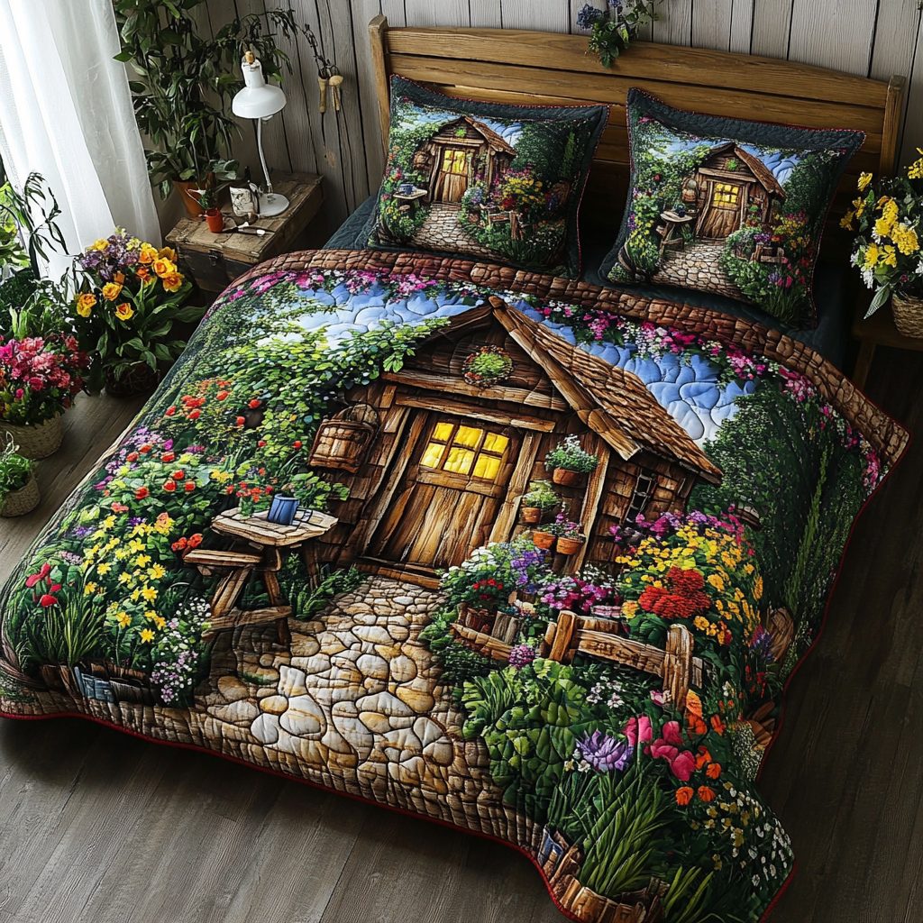 Shed Dreams quilted 3-piece bedding set on a made bed with two matching pillow shams