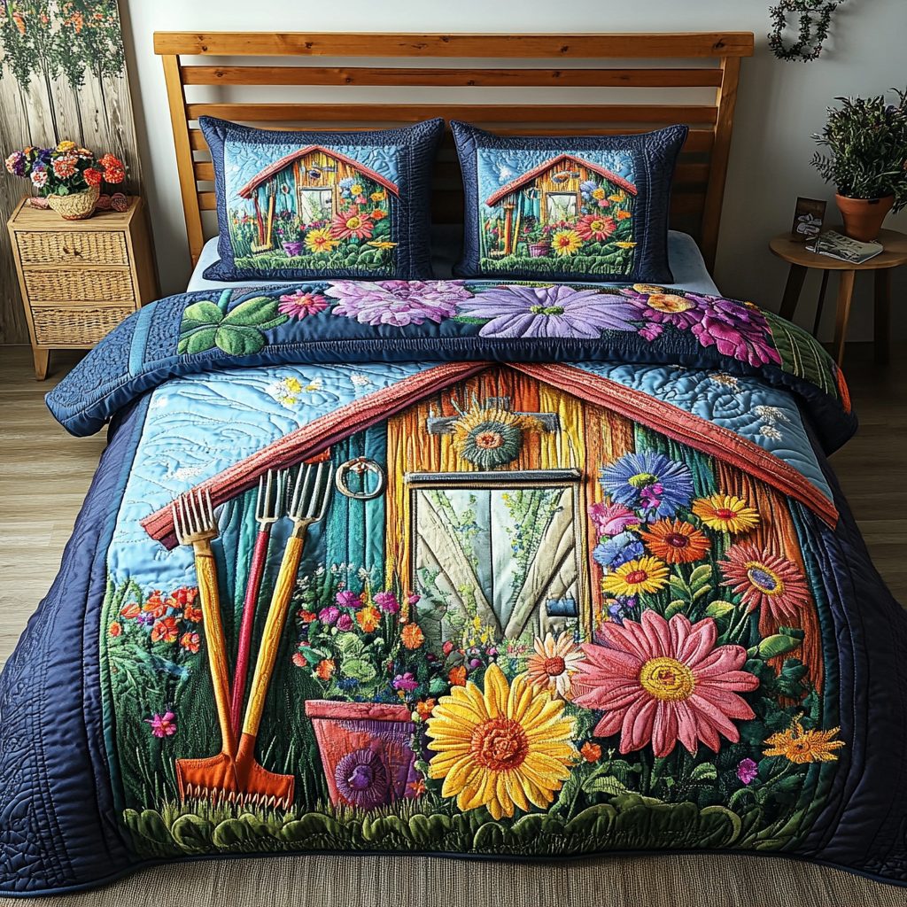 Shed Paradise quilted 3-piece bedding set on a made bed with two matching pillow shams