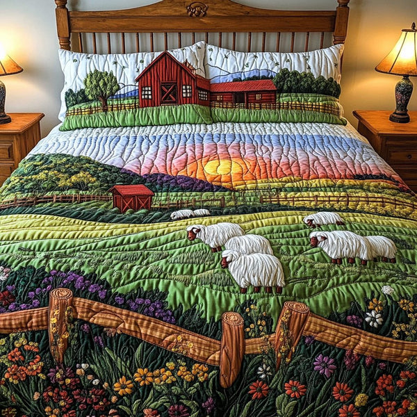 Sheep Farm quilted 3-piece bedding set on a made bed with two matching pillow shams