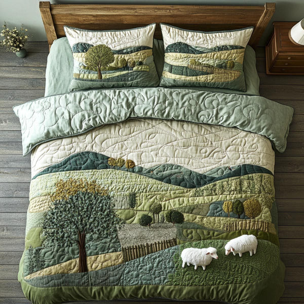 Sheep Haven quilted 3-piece bedding set on a made bed with two matching pillow shams