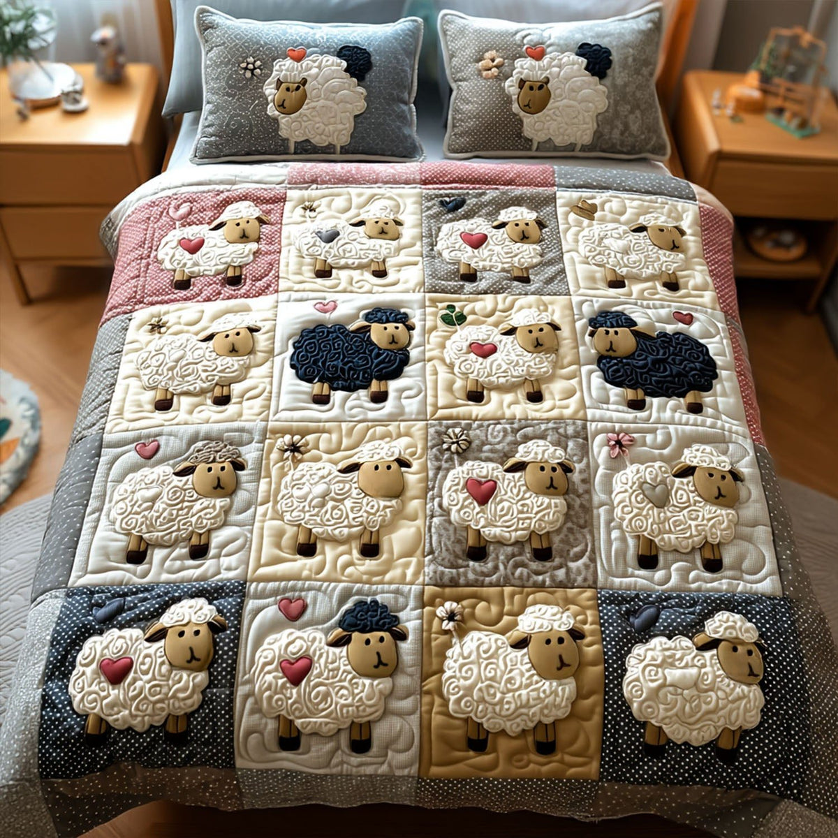 Sheep in Bloom quilted 3-piece bedding set on a made bed with two matching pillow shams