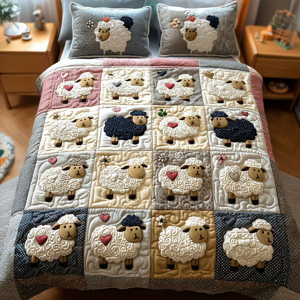 Sheep in Bloom quilted 3-piece bedding set on a made bed with two matching pillow shams