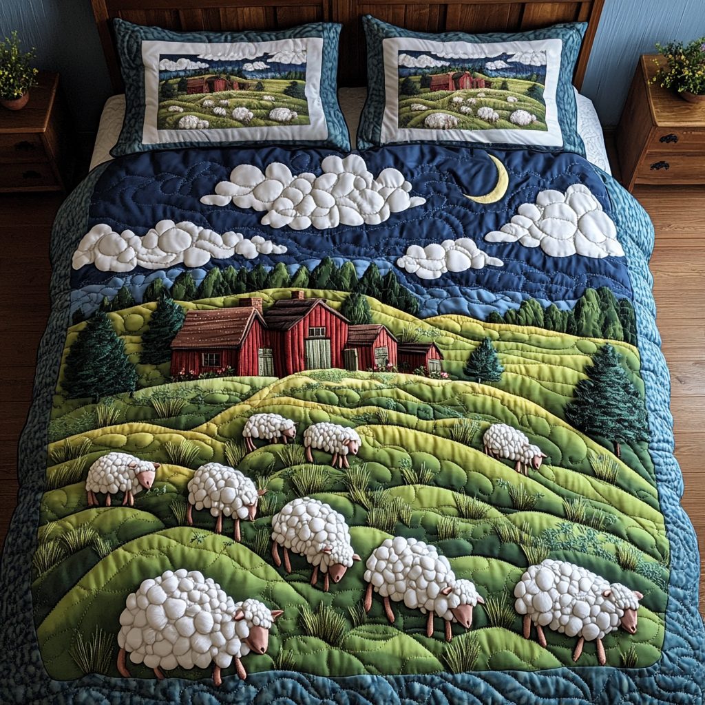 Sheep Meadow quilted 3-piece bedding set on a made bed with two matching pillow shams