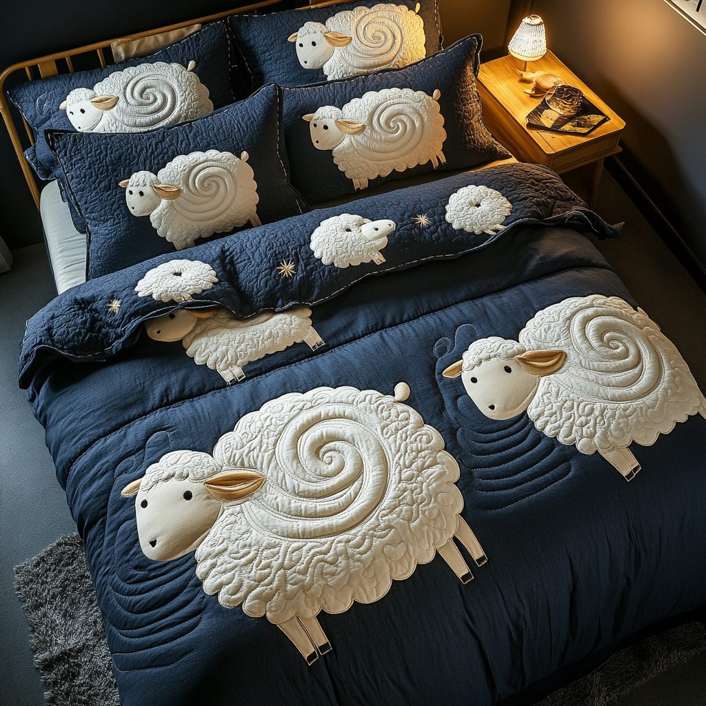 Sheep Meadow quilted 3-piece bedding set on a made bed with two matching pillow shams