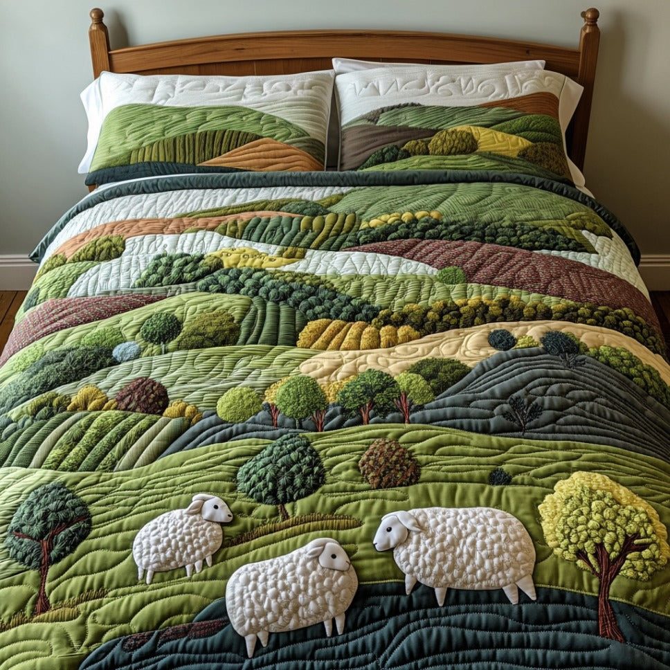 Sheep Meadow quilted 3-piece bedding set on a made bed with two matching pillow shams