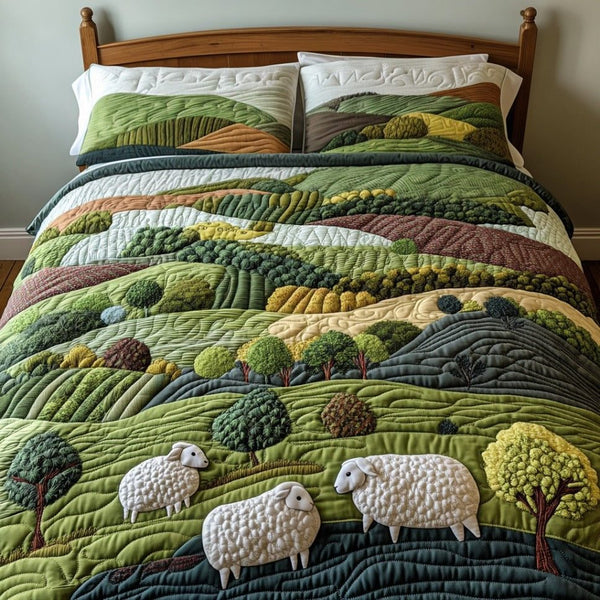 Sheep Meadow quilted 3-piece bedding set on a made bed with two matching pillow shams