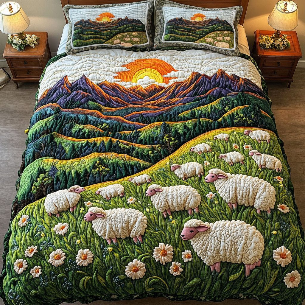 Sheep Meadow Sunrise quilted 3-piece bedding set on a made bed with two matching pillow shams