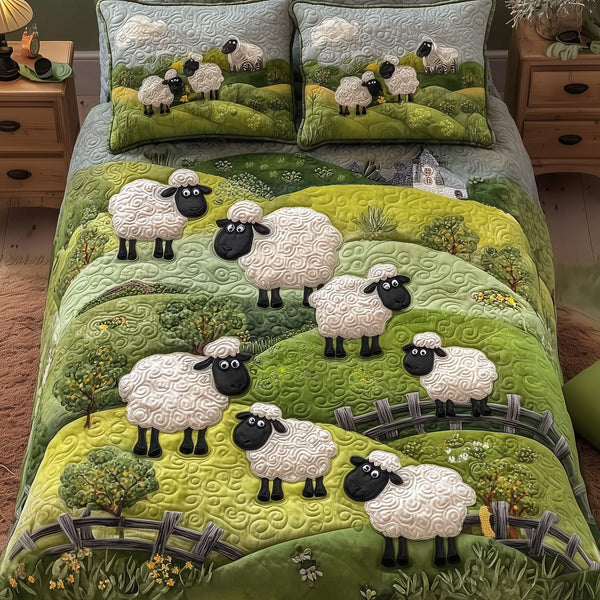 Sheep Mountain quilted 3-piece bedding set on a made bed with two matching pillow shams