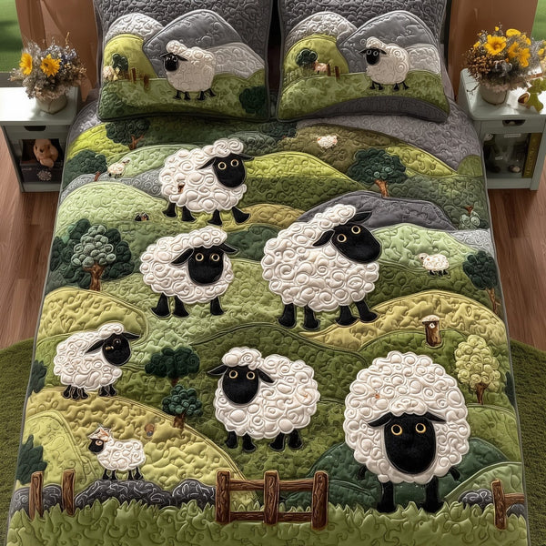 Sheep Mountain quilted 3-piece bedding set on a made bed with two matching pillow shams