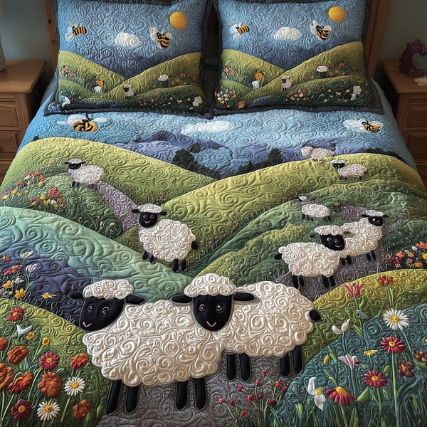 Sheep Mountain quilted 3-piece bedding set on a made bed with two matching pillow shams