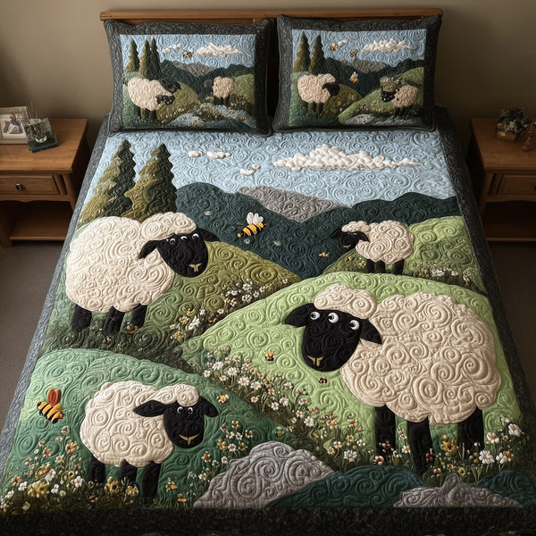 Sheep Mountain quilted 3-piece bedding set on a made bed with two matching pillow shams
