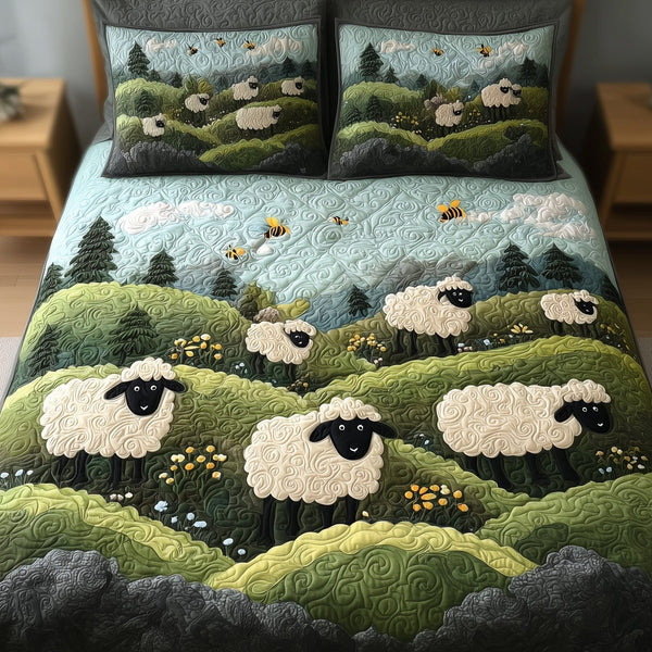Sheep Mountain quilted 3-piece bedding set on a made bed with two matching pillow shams