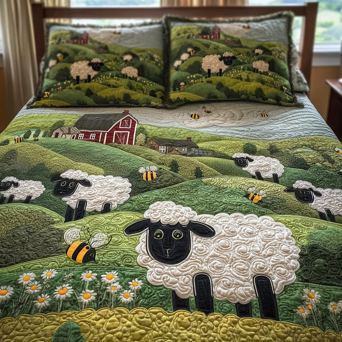 Sheep Mountain quilted 3-piece bedding set on a made bed with two matching pillow shams