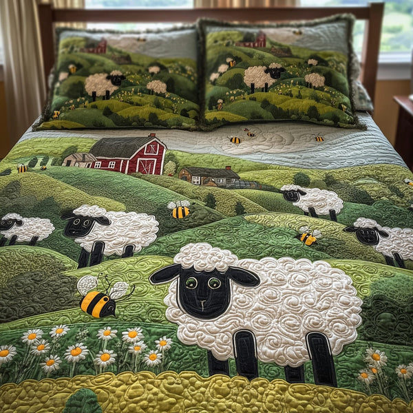 Sheep Mountain quilted 3-piece bedding set on a made bed with two matching pillow shams